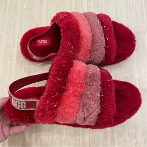 Ugg Red with gold specks fuzzy slippers size 6